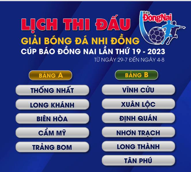 Lịch thi đấu giải bóng đá nhi đồng Cúp Báo Đồng Nai lần thứ 19 - 2023